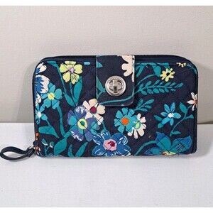 Vera Bradley Large Turnlock Wallet, "Midnight Blues" Blue Floral Pattern